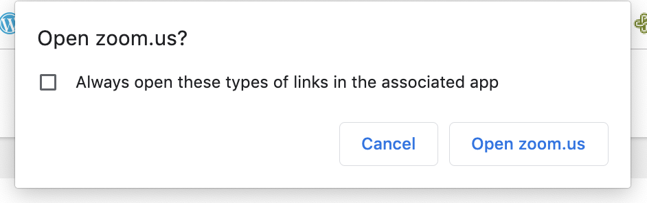 Open zoom.us? Check box, always open these types of links in the associated app. Cancel and Open zoom.us buttons.